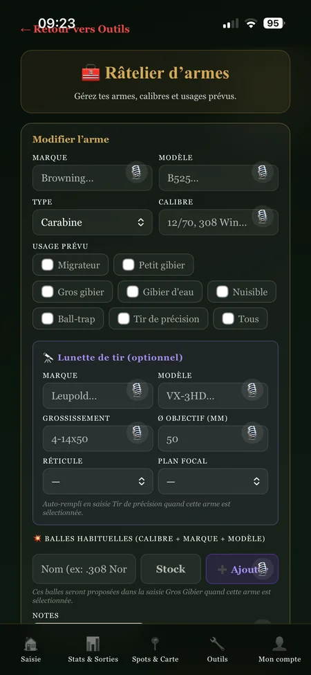 HuntBord — râtelier d'armes complet avec lunettes et munitions favorites